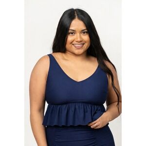 Kortni Jeane Navy Blue Peplum V-Neck Swim Top XL NWT Ruffle Tankin NWTi